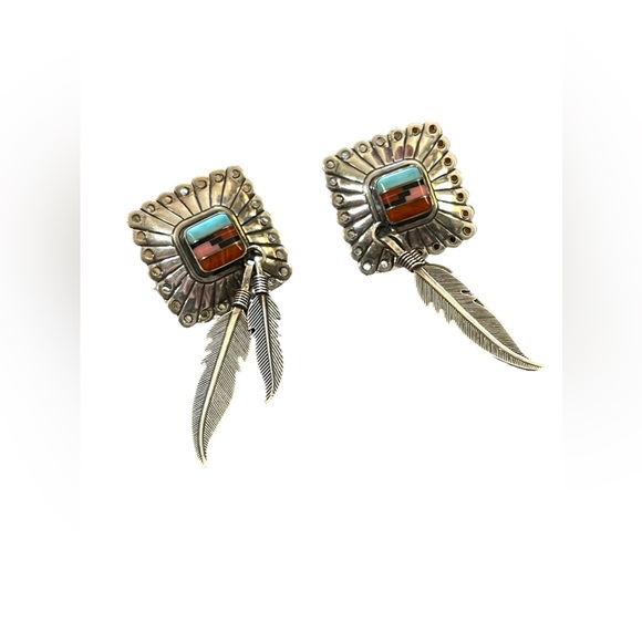 Vintage QT Sterling Inlaid Turquoise Multi Gemstone Earrings Southwestern - Picture 3 of 11